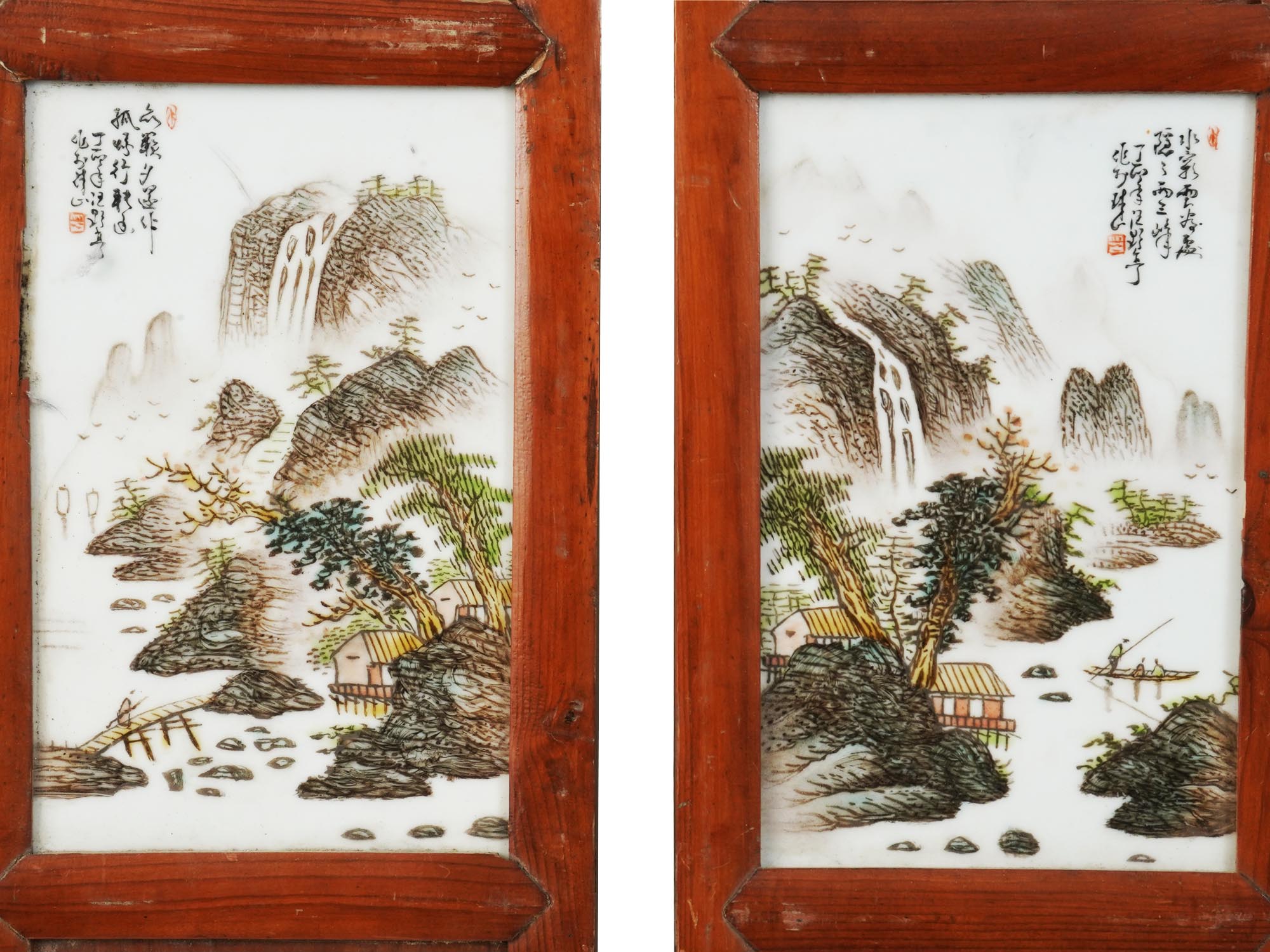 PAIR OF CHINESE PAINTED PORCELAIN WOODEN PANELS PIC-1